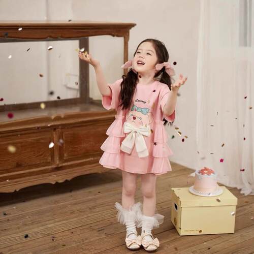 女童袖短恤夏季20271605新款装女孩夏款儿童童装上衣夏潮酷连衣裙