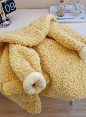 女童皮毛一体加绒外套冬季024款黄色加厚羊羔26382毛宝中长冬宝季