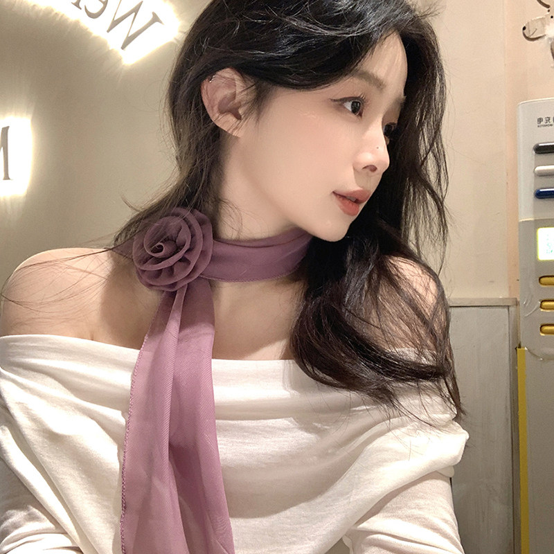 2026新款纯欲风立体玫瑰花朵丝巾女韩系氛围感系脖多功能颈饰飘带