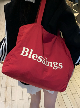 韩系红色托特包大容量通勤包大学生上课上班慵懒风尼龙帆布单肩包