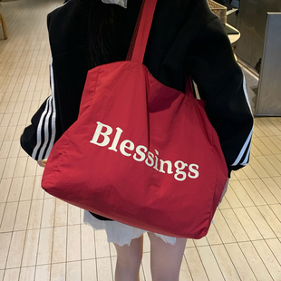 韩系红色托特包大容量通勤包大学生上课上班慵懒风尼龙帆布单肩包