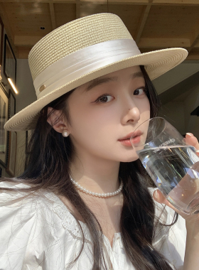 法式平顶草帽女夏季海边度假老钱风草编帽子女款遮阳防晒帽太阳帽