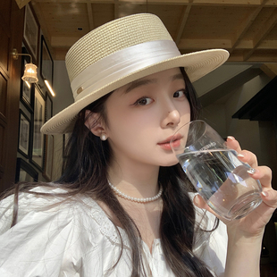 遮阳防晒帽太阳帽 海边度假老钱风草编帽子女款 法式 平顶草帽女夏季