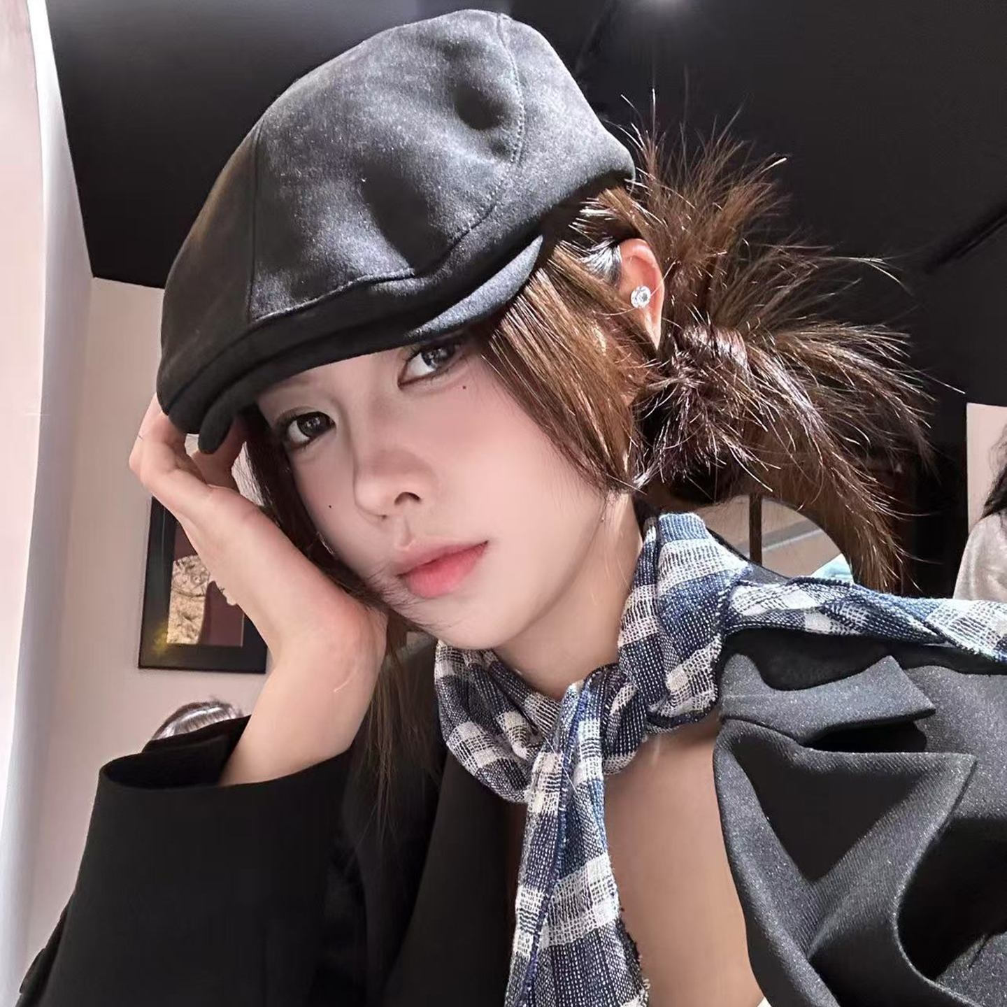 2025秋冬新款麂皮绒前进帽女英伦风复古贝雷帽时尚显脸小画家帽子