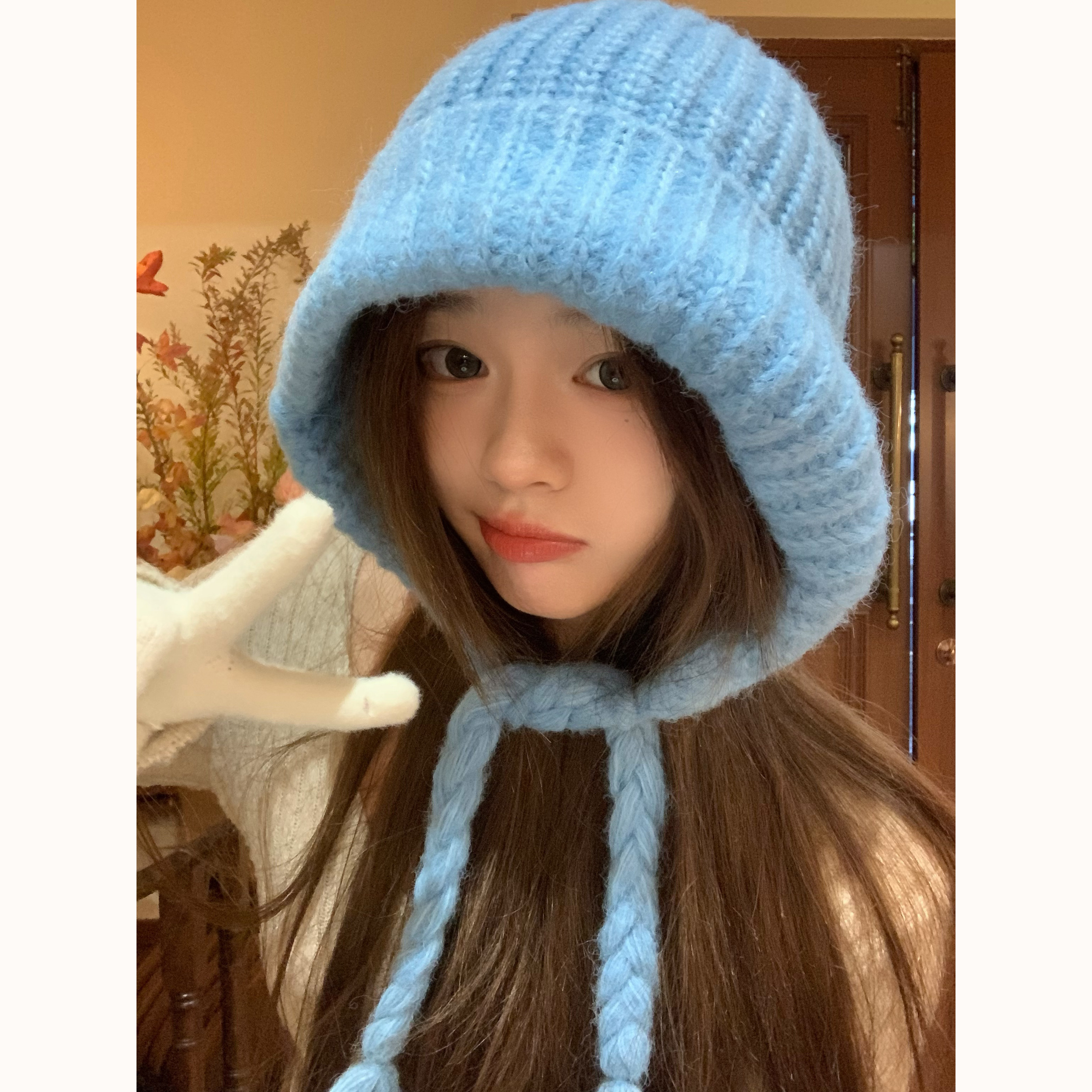 蓝色巴拉克拉法帽子女秋冬季保暖护耳针织帽毛线帽子围脖一体连帽