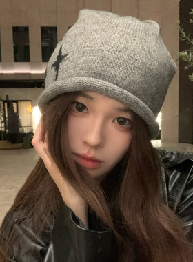 灰色堆堆帽女秋冬大头围冷帽时尚百搭护耳保暖包头帽子女款冬新款