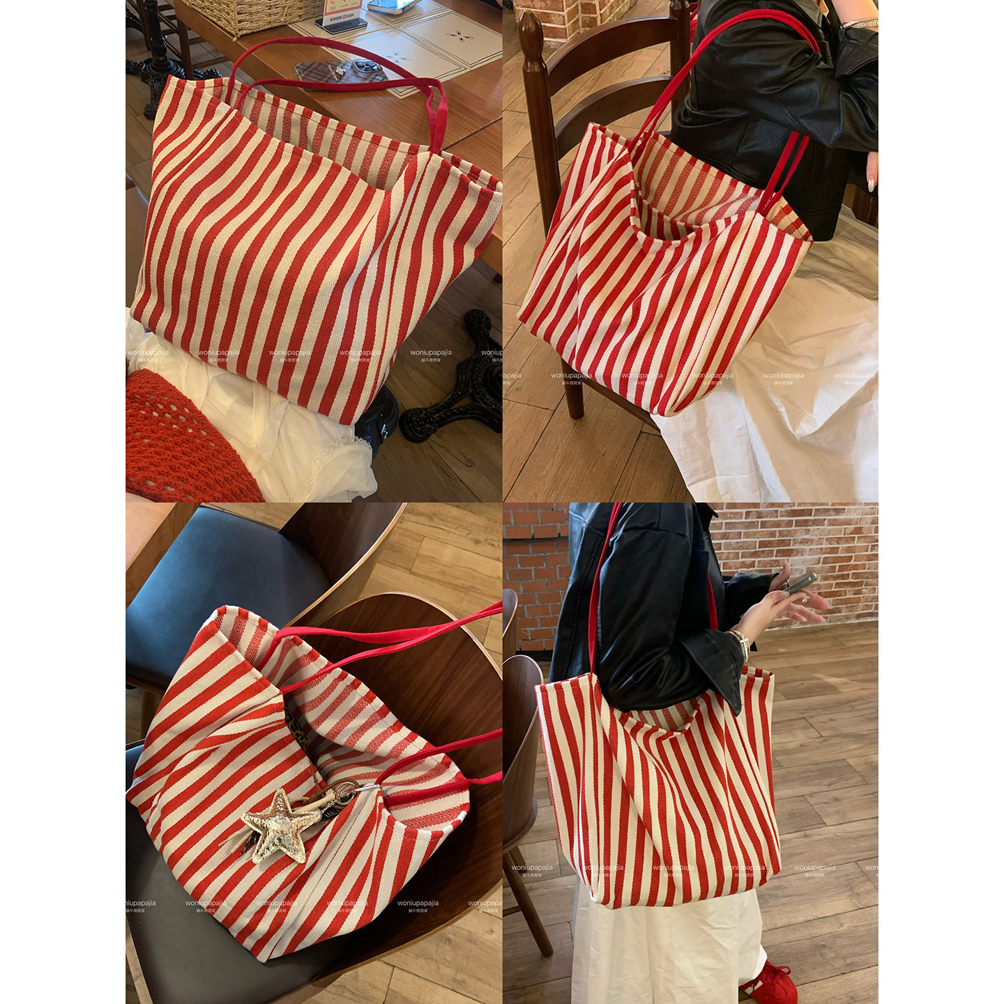 通勤搭子！ins韩系条纹帆布包时尚百搭单肩包慵懒风大容量托特包,箱包皮具/热销女包/男包,托特包,淘宝优惠券,粉丝福利购,淘宝优惠卷
