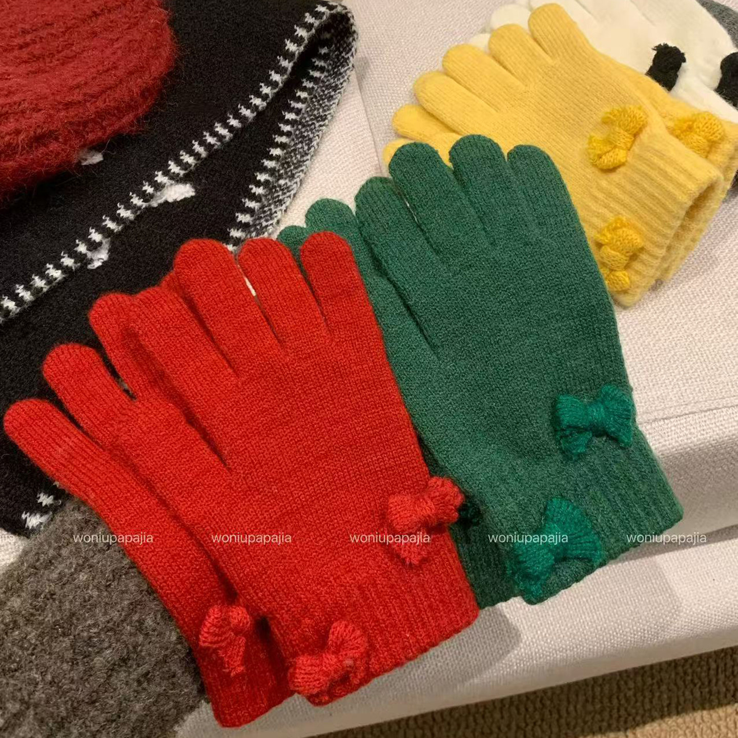 蝴蝶结毛线针织手套女冬季骑行防风防寒露指可触屏五指保暖手套女