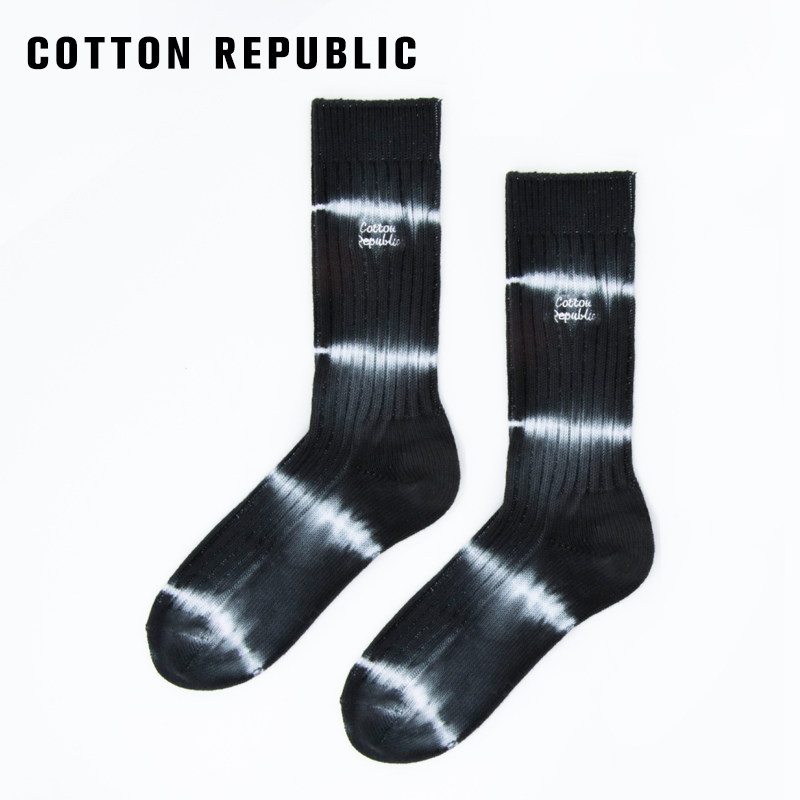 Cotton Republic/棉花共和国中筒女士黑色扎染刺绣休闲棉袜情侣款