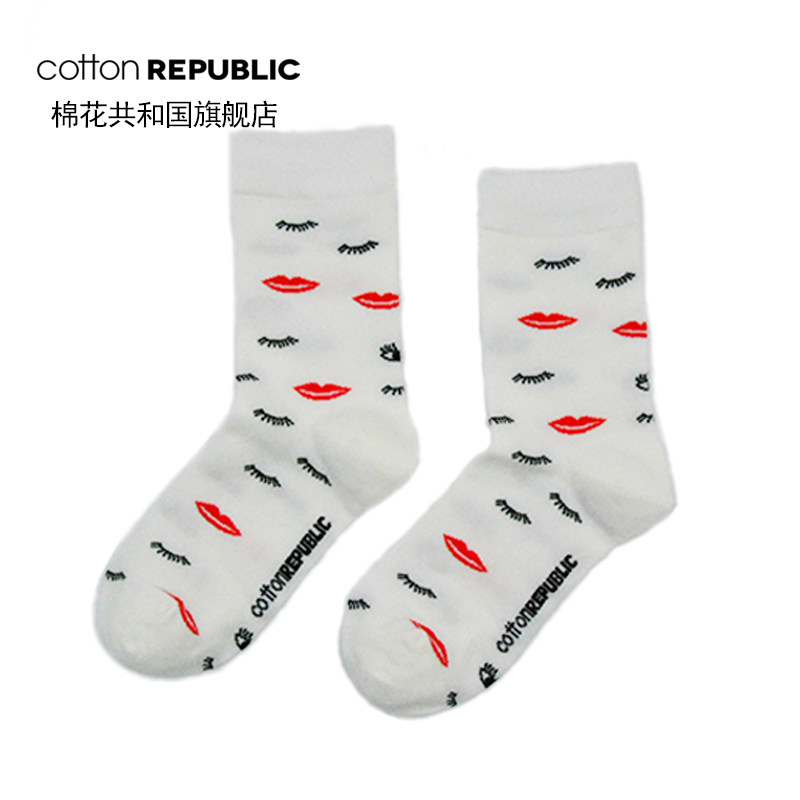 棉花共和国女士秋冬新款棉袜子休闲提花中筒袜时尚潮流元素袜子女