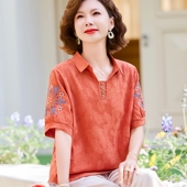 50岁中年妈妈夏装 两件套 小衫 棉麻翻领衬衫 上衣中老年女纯棉绸短袖