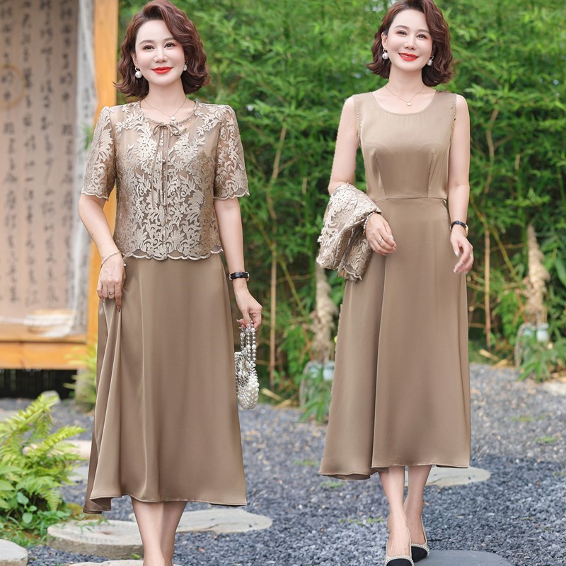中年妈妈夏装高端真丝连衣裙蕾丝披肩两件套裙子阔太太长款过膝裙
