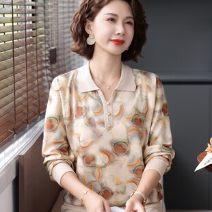 毛衫 中老年女秋季 纯棉翻领T恤上衣长袖 宽松打底衫 洋气妈妈春秋装