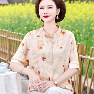 洋气质妈妈夏装真丝T恤中年妇女上衣中老年大码宽松雪纺衬衫短袖