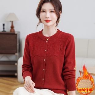 妈妈冬装低圆领一体绒针织衫中老年女秋冬加绒加厚毛衣打底保暖衣