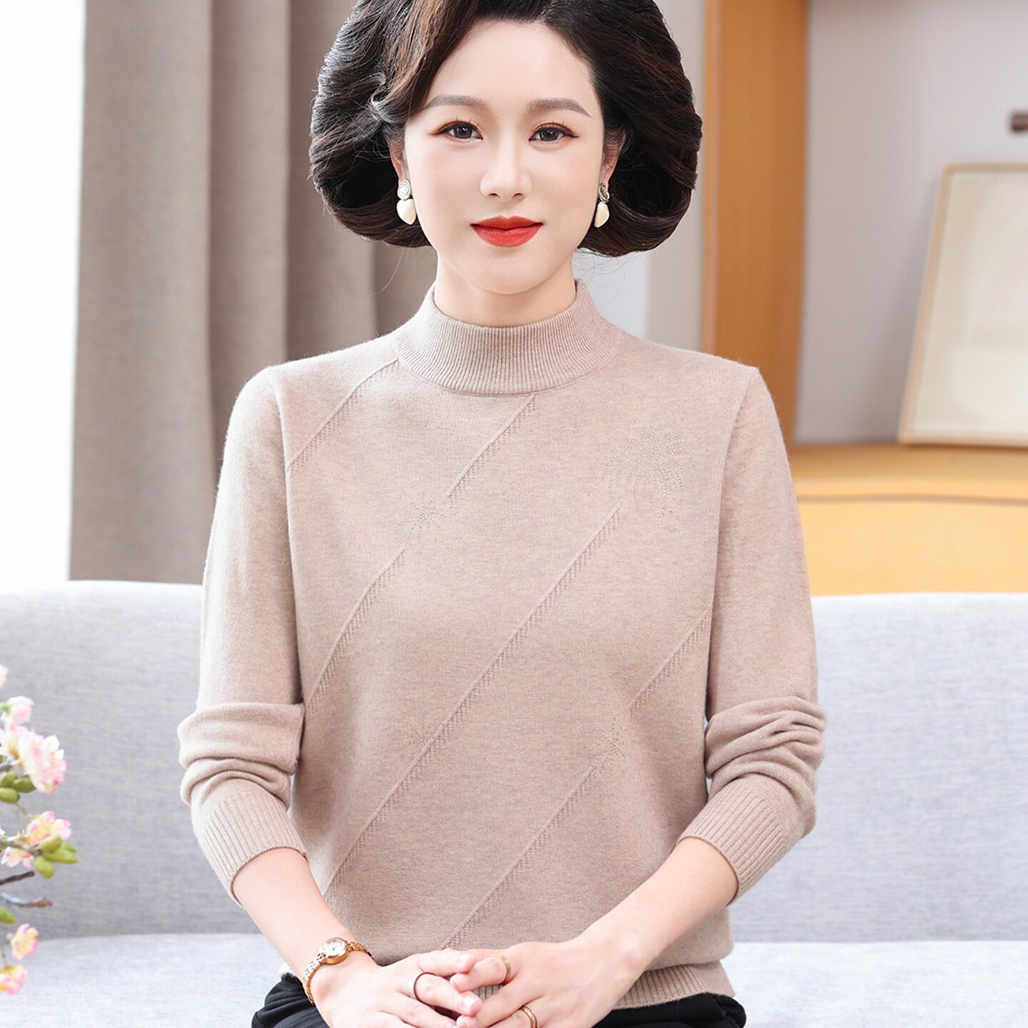 洋气妈妈秋装纯色内搭毛衣中老年人女秋冬大码宽松上衣保暖衣套装
