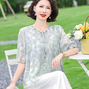 年轻妈妈装夏季雪纺短袖小衫中老年女士夏装洋气套装宽松T恤上衣