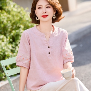 中年女全棉透气宽松T恤上衣 妈妈夏装 纯棉麻短袖 小衫 洋气休闲套装