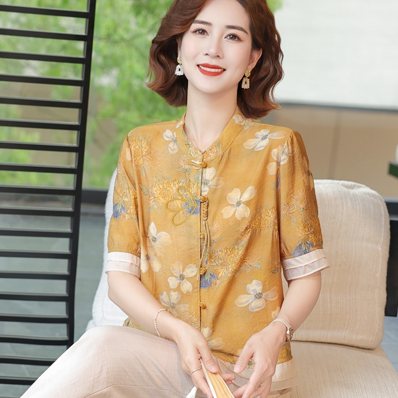 中年女纯棉绸宽松短袖T恤衫套装