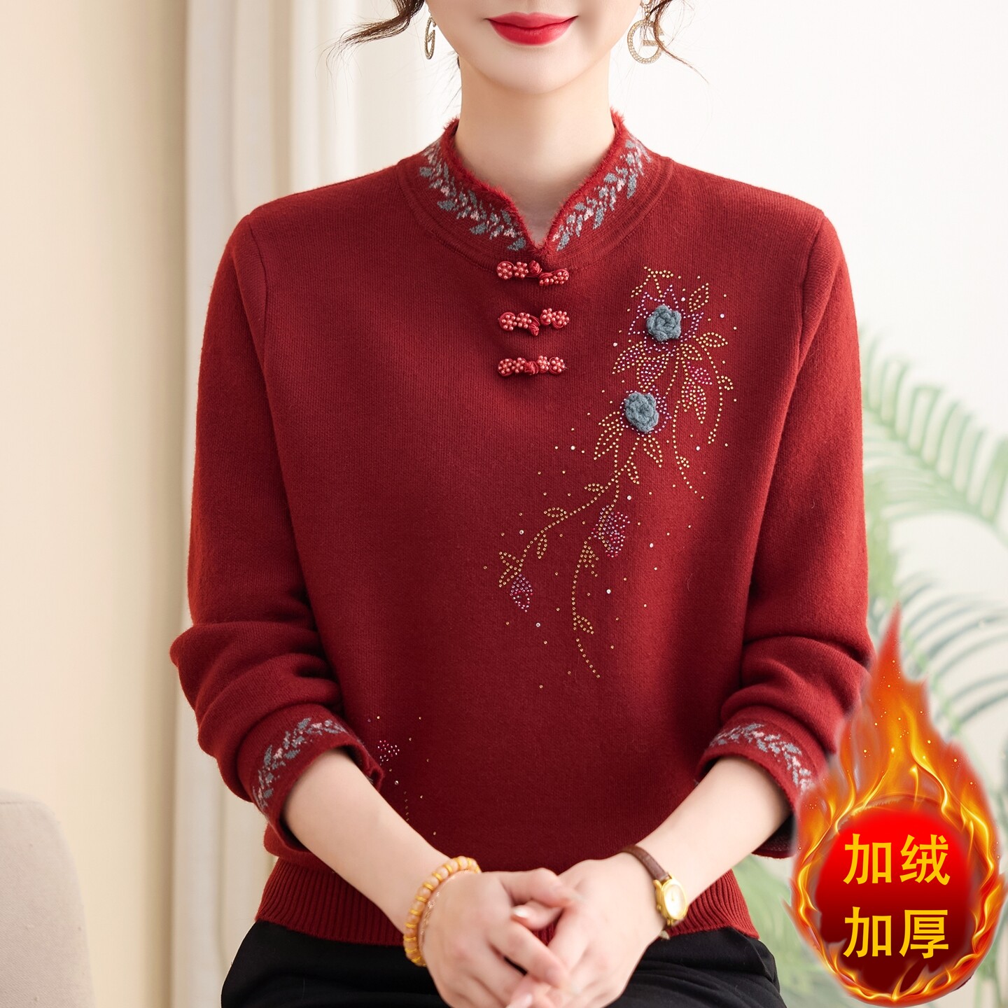 喜婆婆婚宴套装秋冬时尚旗袍领上衣中老年女妈妈装加绒加厚打底衫