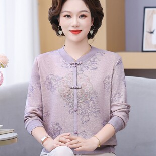 中老年人女秋装小衫新中式长袖纯棉T恤春秋妈妈洋气上衣外穿秋衣