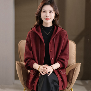 妈妈春秋连帽双面毛呢外套中年女士上衣中老年人秋季加厚呢子大衣