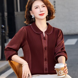 洋气质妈妈春装针织小衫雪纺拼接上衣中老年人女高贵翻领宽松衬衫