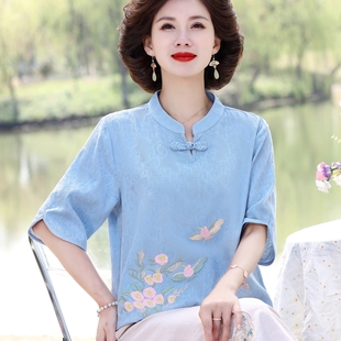 中老年新中式 短袖 T恤衫 棉绸套装 棉麻上衣服中年女夏装 妈妈装 新款