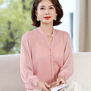 纱袖 妈妈秋装 中老年女春秋时尚 长袖 上衣两件套 针织棉T恤打底小衫