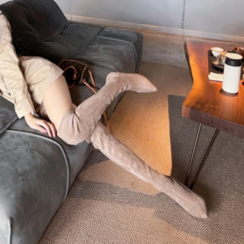 绒面显瘦尖头细跟过膝长筒靴女