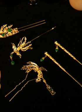 新娘新中式头饰秀禾服龙凤褂绿色凤凰发簪发饰礼服龙凤褂旗袍配饰