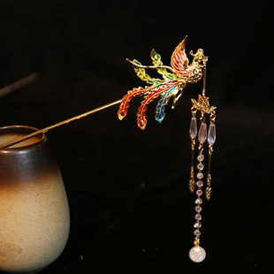 新中式铜发簪女古风珐琅彩流苏步摇高级感刀马旦凤凰发钗簪子头饰