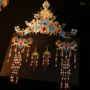 汉服头饰发冠景泰蓝流苏发钗套装2025年新款明制宫廷复古蝴蝶配饰