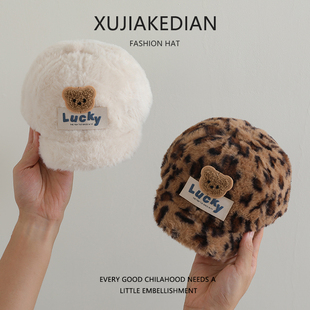 儿童帽子秋冬款 保暖加绒百搭防风鸭舌帽男女宝宝可爱小熊棒球帽潮