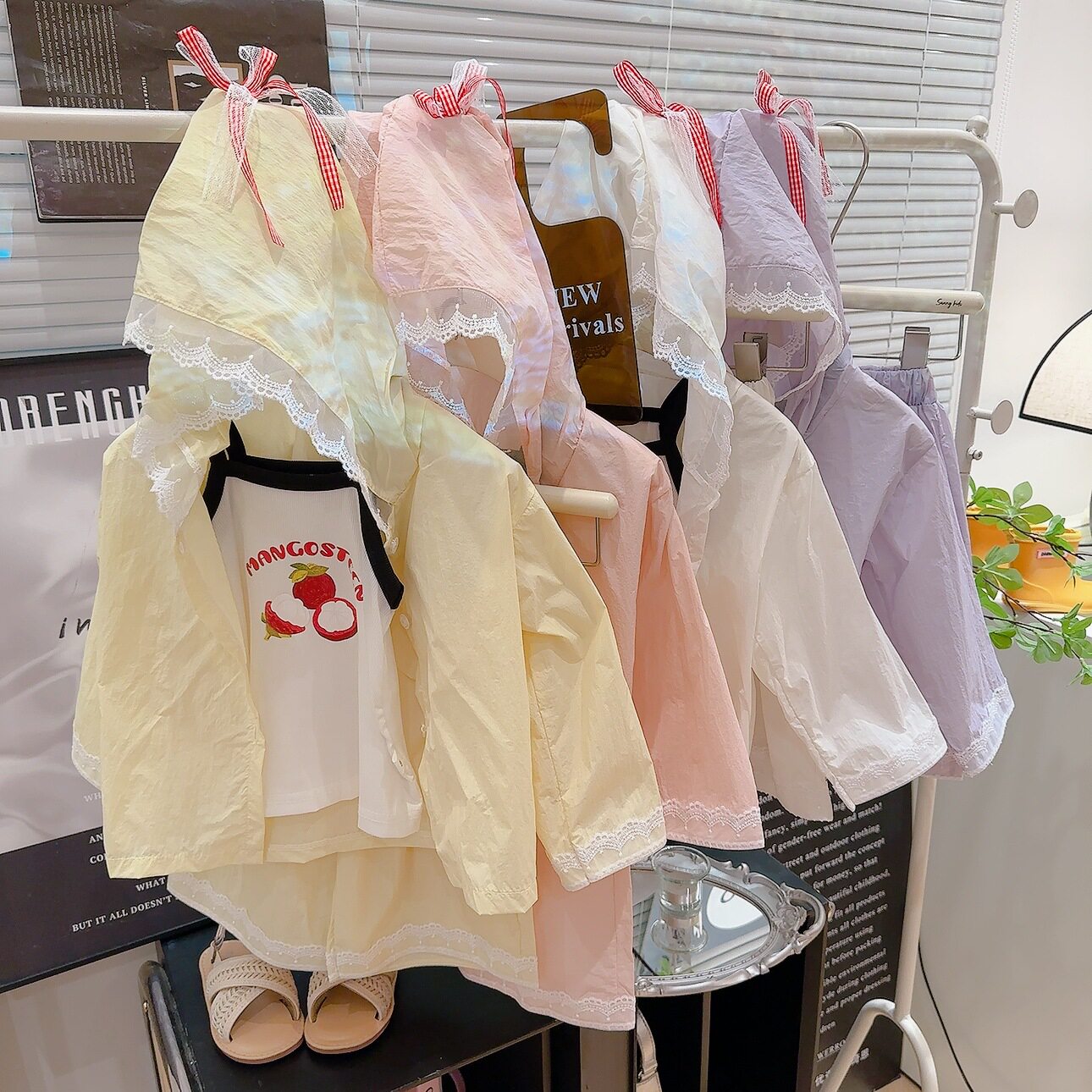 女童夏季多巴胺洋气三件套皮肤衣女孩连帽蕾丝花边防晒连帽套装