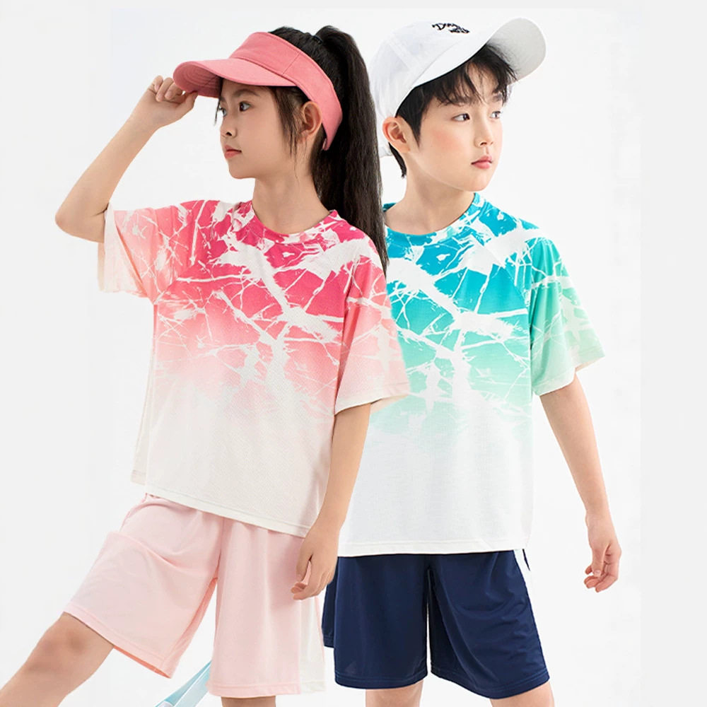 儿童短袖套装冰丝夏季男童运动速干衣中大童女学生羽毛球训练服装
