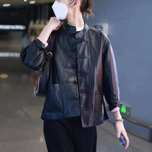 刘雯同款中式皮衣2025年秋冬绵羊皮中国风盘扣休闲立领真皮外套女