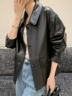 绵羊皮真皮皮衣女2025秋冬新款大口袋翻领宽松显瘦休闲小皮衣外套