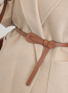 头层牛皮细腰带女装饰配裙子衬衫真皮装饰棕色打结小皮带时尚腰封