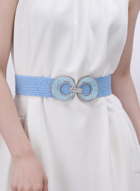 文艺小众编织宽腰带女配裙田园风皮带连衣裙装饰浅蓝色腰封法式