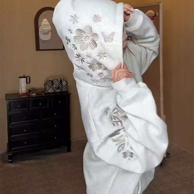 美式秋冬加绒加厚帽子花卉刺绣复古连帽卫衣宽松潮流百搭休闲帽衫