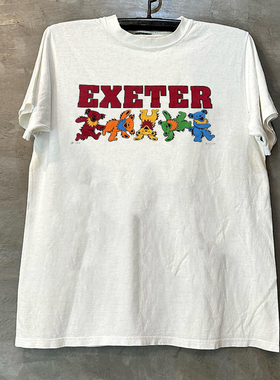 EXETER跳舞小熊美式多巴胺风短袖T恤ulzzang复古小领口情侣半袖潮