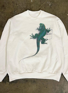 绿色变色龙街头潮流chic嘻哈慵懒风痞帅长袖男女vintage复古卫衣