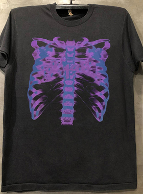 重磅高级设计感紫色X光印花短袖T恤vintage美式小领口男女半袖潮