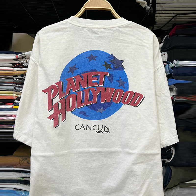 Planet Hollywood时尚字母设计感重磅棉短袖T恤vintage古着半袖潮