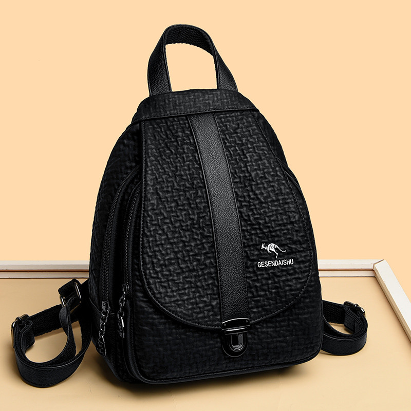 双肩包女2025新款时尚纯色黑色女士小背包软皮百搭学生旅行小背包