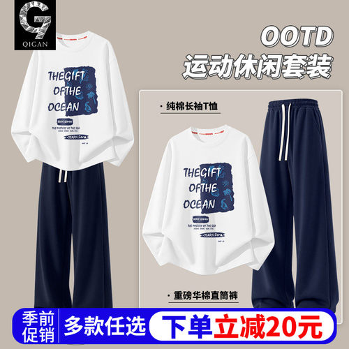 运动套装男春秋款纯棉长袖t恤