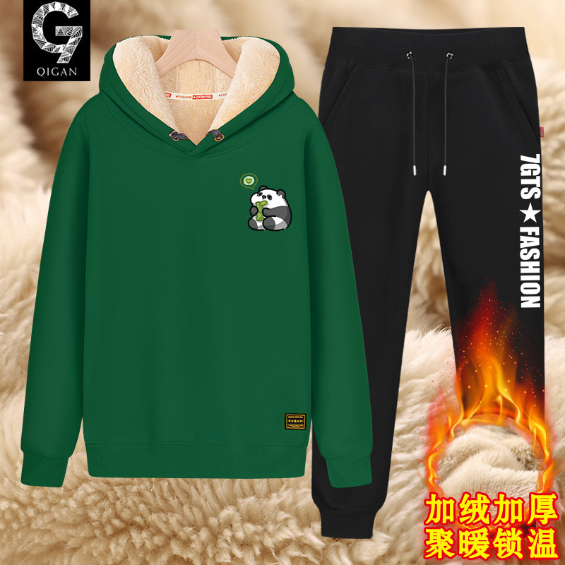 青少年加绒卫衣男保暖羊羔绒套装