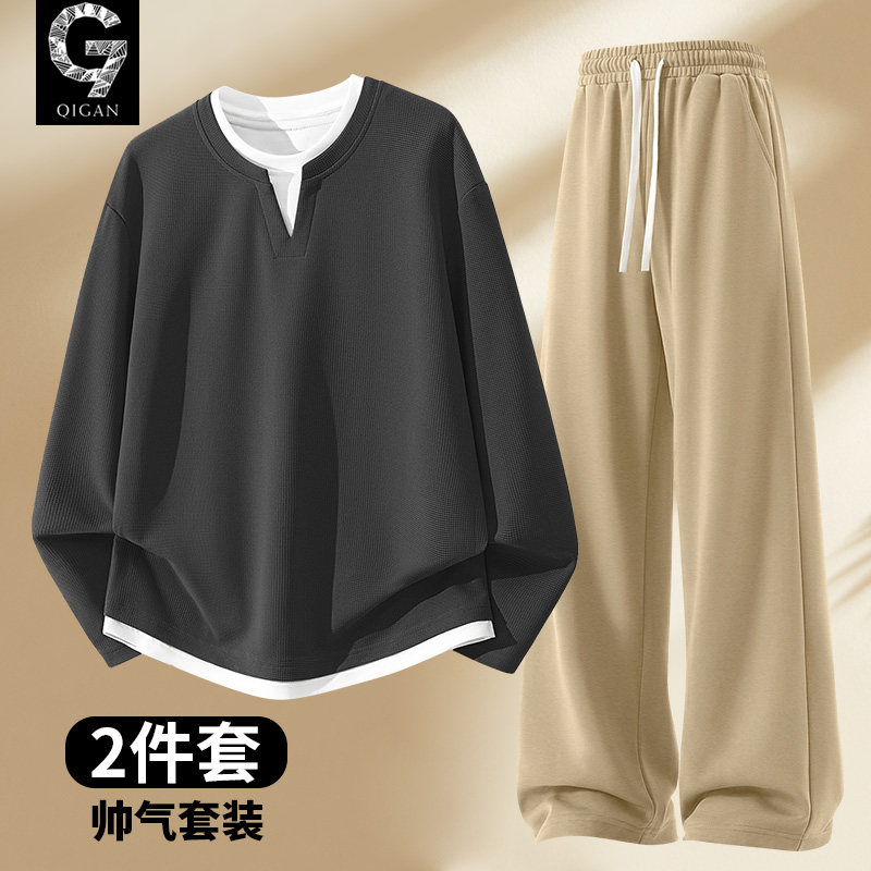 华夫格长袖t恤男秋季青少年V领假两件上衣休闲直筒长裤运动套装男
