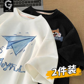 潮牌日系复古青少年宽松重磅华夫格半袖 男士 夏季 t恤2026新款 短袖